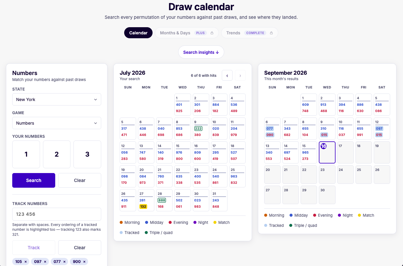Lottery Logs desktop Calendar showing search controls, search results, and current-month results side by side