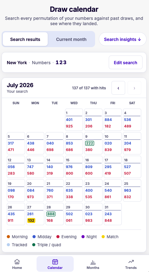 Lottery Logs mobile Calendar showing the Search results view and the control for switching between Search results and Current month